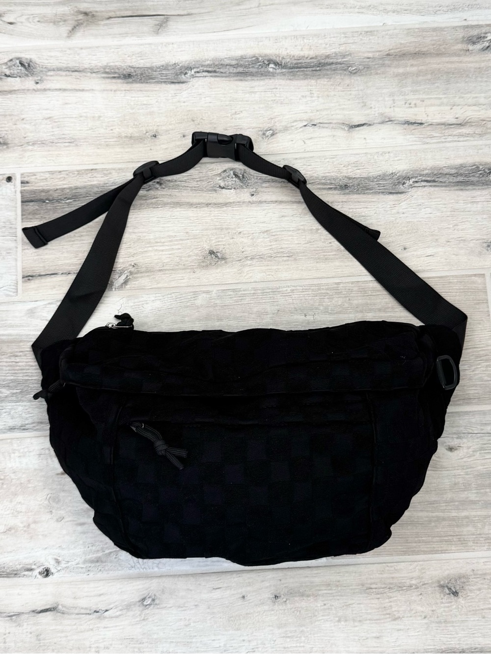 Oversized Black Fabric Checkered Unisex Fanny Pack Waist Crossbody Sling Bag